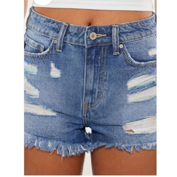 KanCan Pastel/rainbow Thread High Rise Distressed Cotton Frayed Hem Denim Shorts - Picture 13 of 16